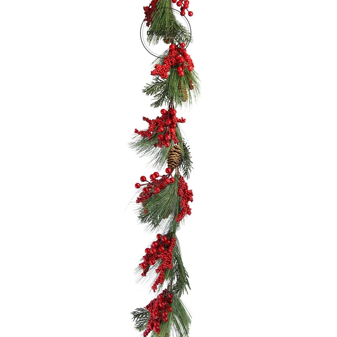 Yılbaşı Garland Berryli Kozalaklı Yeşil Kırmızı 175 cm - Çam Ağacı ve Garland