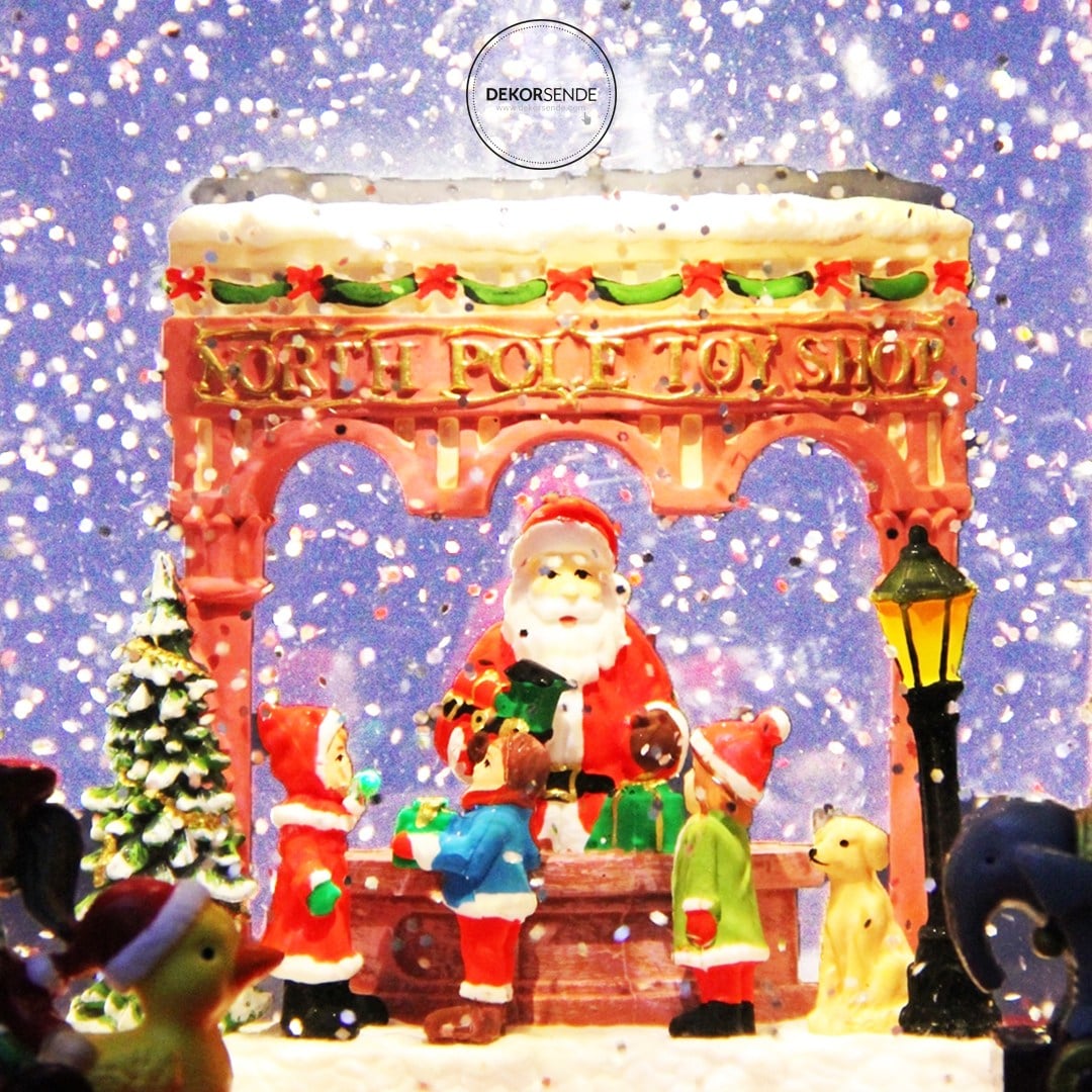Yılbaşı Kar Küresi Işıklı Noel Baba Arabası Kırmızı 25 cm - Yılbaşı Aksesuarları