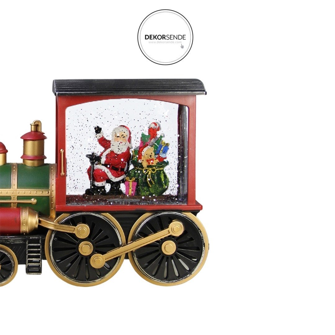 Yılbaşı Kar Küresi Işıklı Tren Noel Baba Yeşil 30 cm - Yılbaşı Aksesuarları