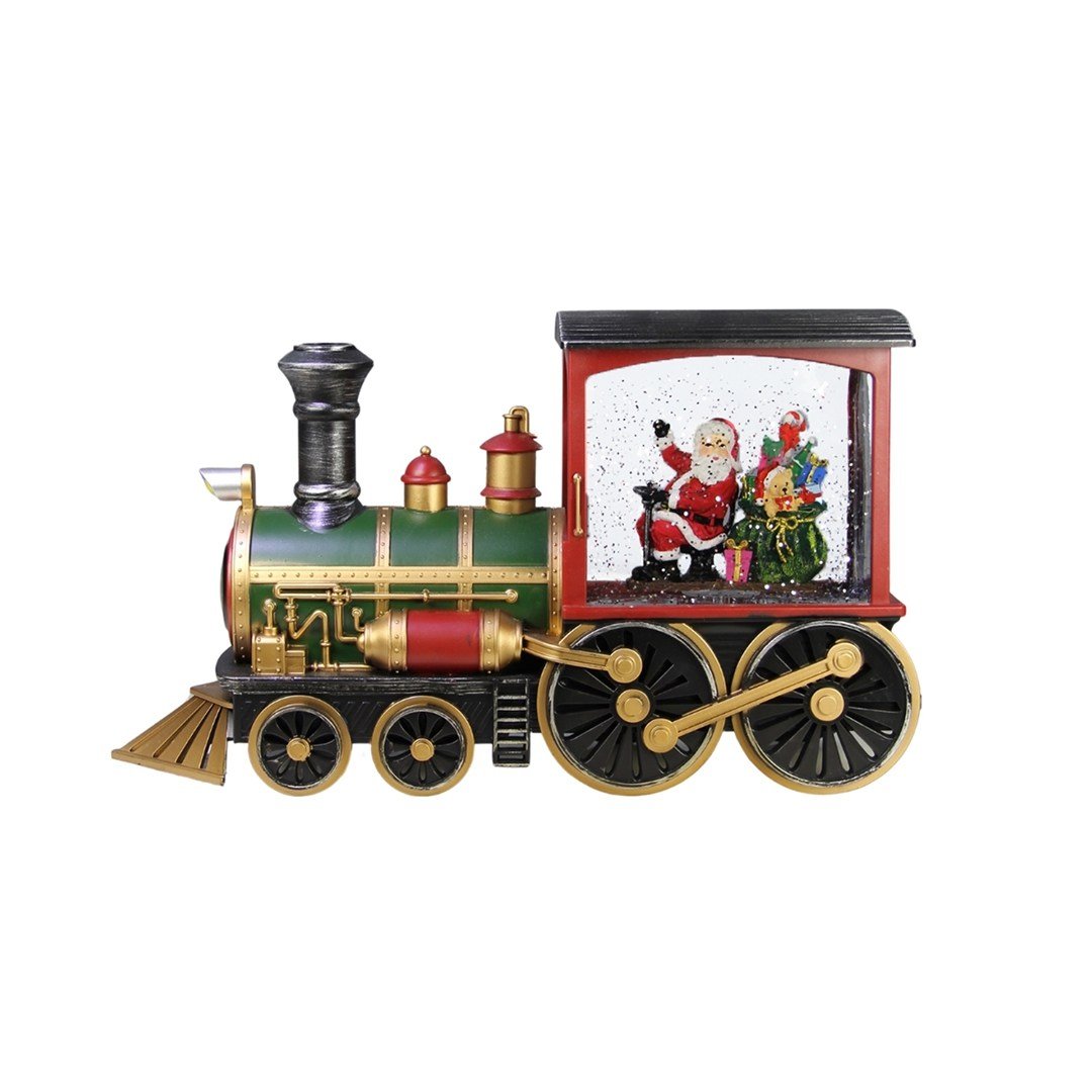 Yılbaşı Kar Küresi Işıklı Tren Noel Baba Yeşil 30 cm - Yılbaşı Aksesuarları