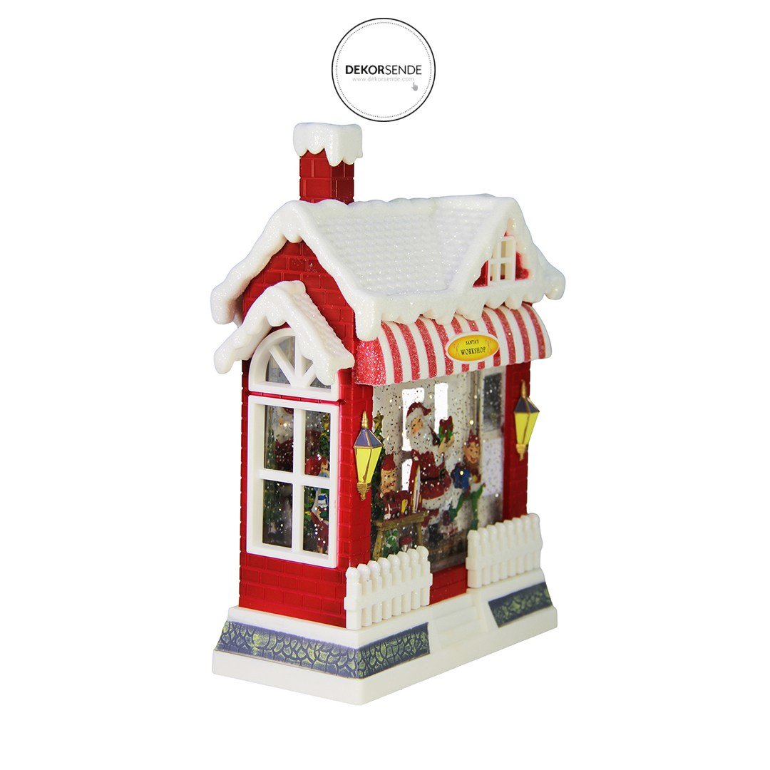 Yılbaşı Kar Küresi Müzikli Işıklı Noel Baba Atölyesi Kırmızı 25 cm - Yılbaşı Aksesuarları