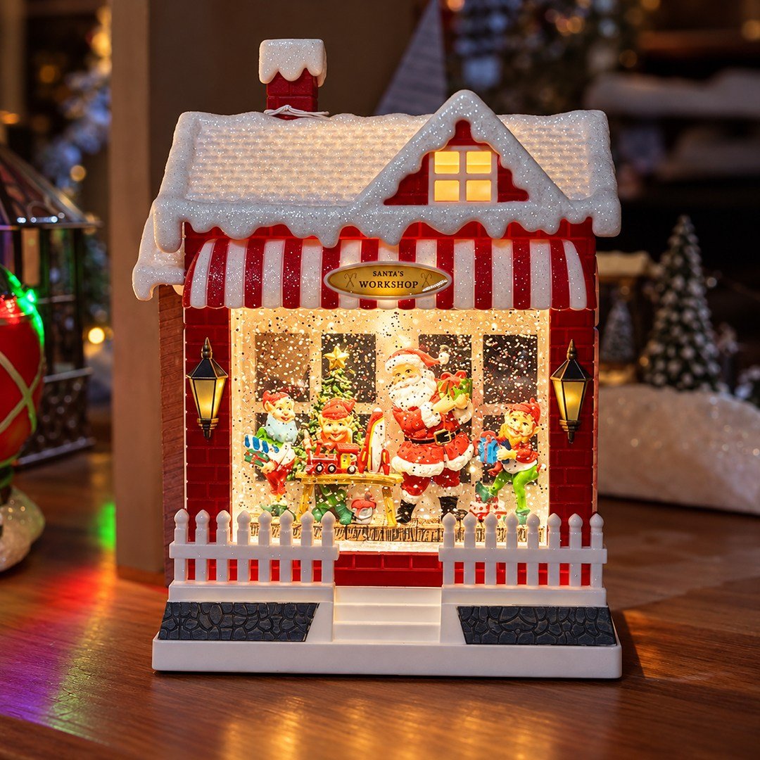 Yılbaşı Kar Küresi Müzikli Işıklı Noel Baba Atölyesi Kırmızı 25 cm - Yılbaşı Aksesuarları