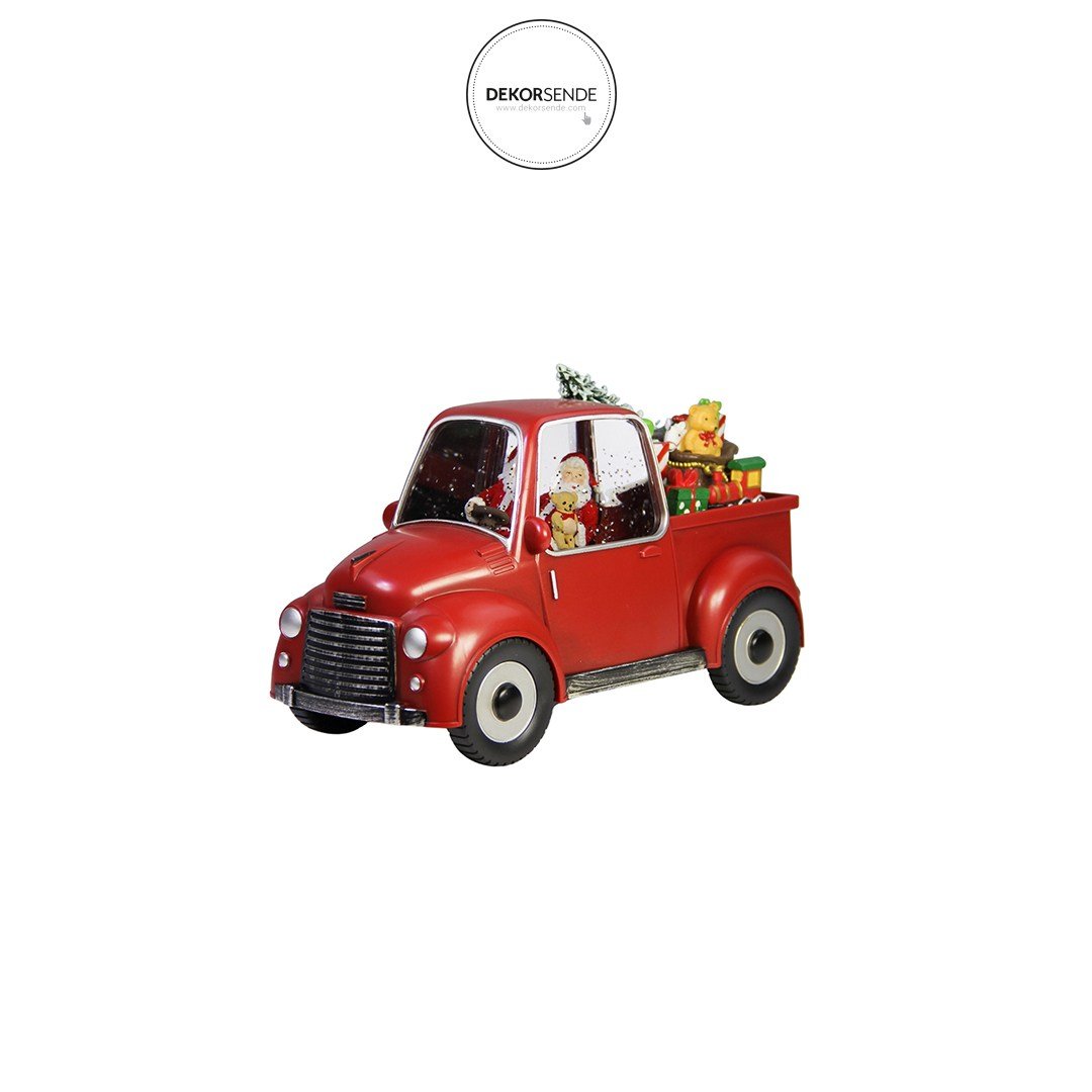 Yılbaşı Kar Küresi Noel Baba Işıklı Araba Kırmızı 22 cm - Yılbaşı Aksesuarları