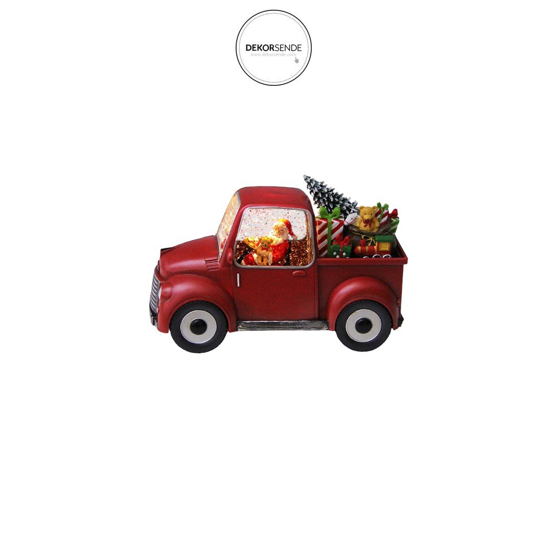 Yılbaşı Kar Küresi Noel Baba Işıklı Araba Kırmızı 22 cm - Yılbaşı Aksesuarları