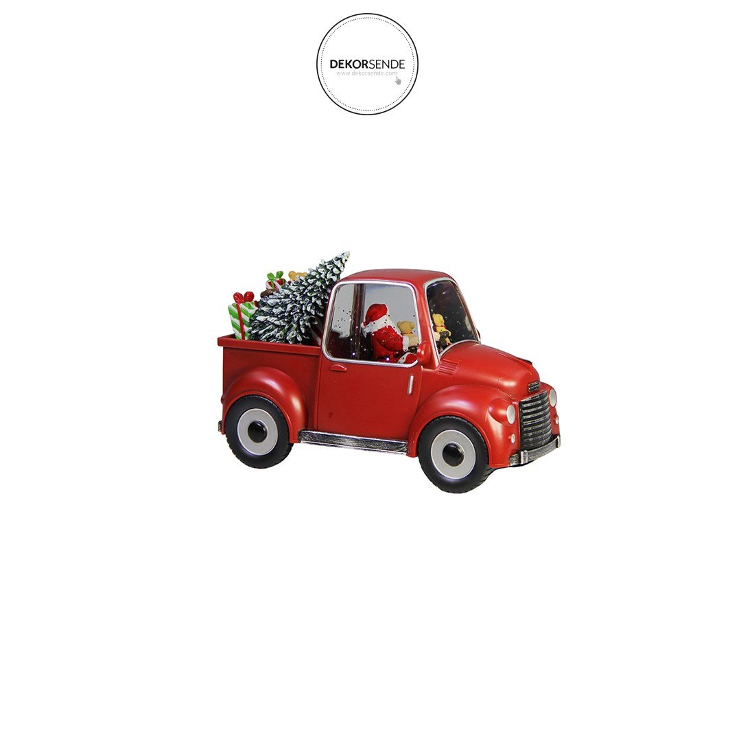 Yılbaşı Kar Küresi Noel Baba Işıklı Araba Kırmızı 22 cm - Yılbaşı Aksesuarları