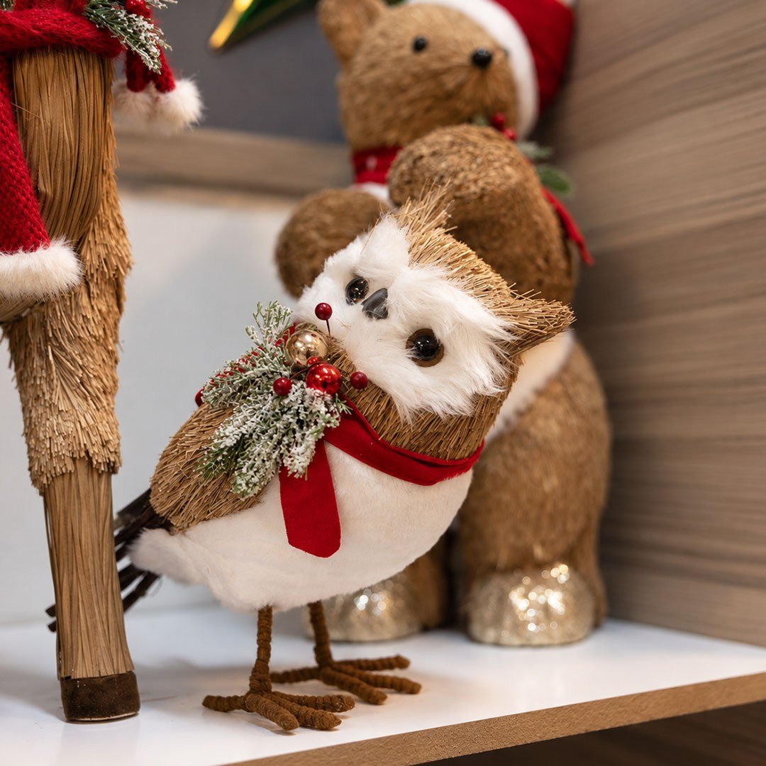 Yılbaşı Naturel Hasır Dokulu Kırmızı Atkılı ve Peluş Detaylı Baykuş Figürü 35 cm - Noel Baba ve Figürler