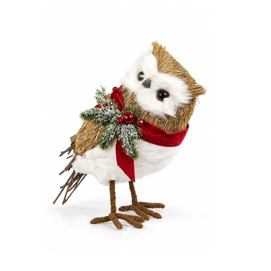 Yılbaşı Naturel Hasır Dokulu Kırmızı Atkılı ve Peluş Detaylı Baykuş Figürü 35 cm - Noel Baba ve Figürler