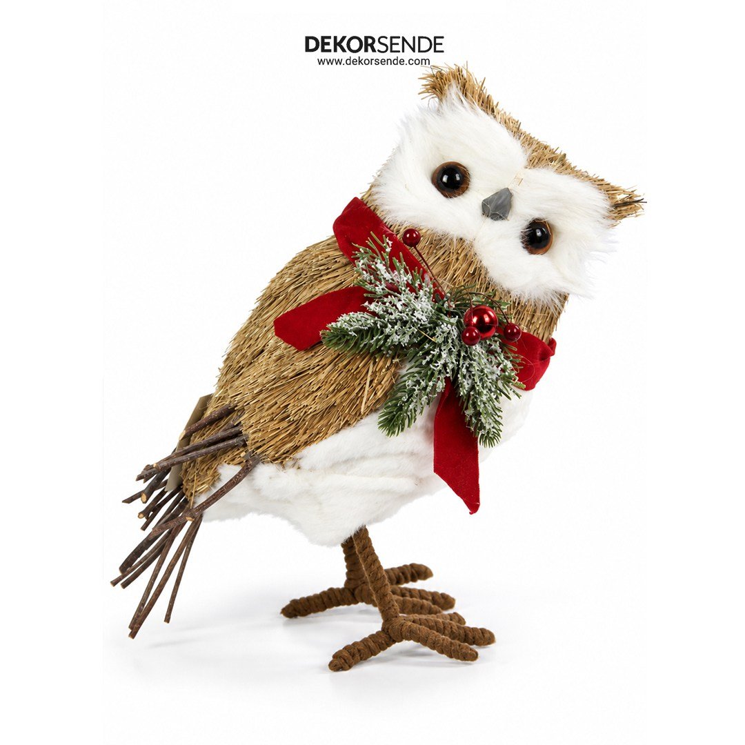 Yılbaşı Naturel Hasır Dokulu Kırmızı Atkılı ve Peluş Detaylı Baykuş Figürü 35 cm - Noel Baba ve Figürler