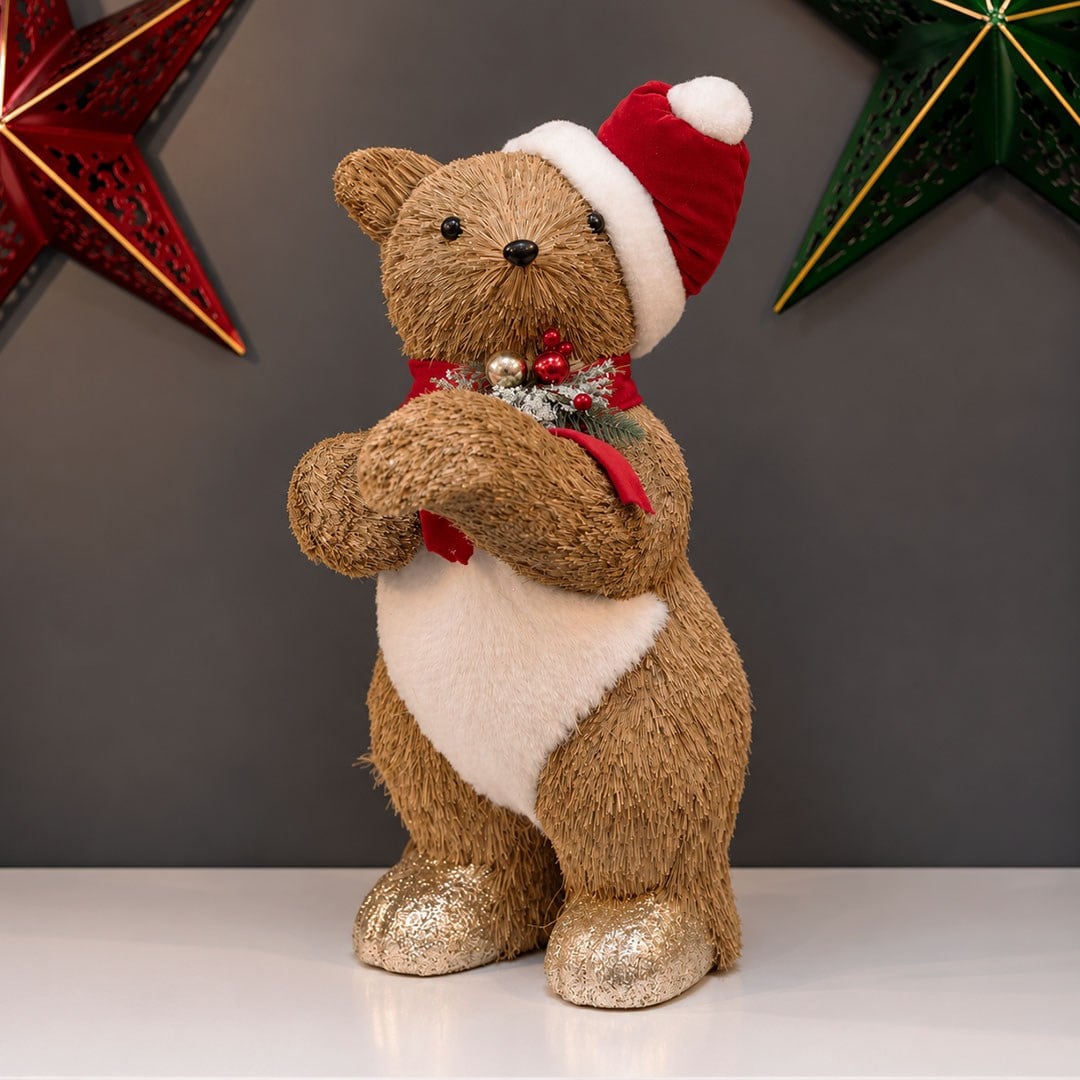 Yılbaşı Naturel Hasır Dokulu Kırmızı Şapkalı Ayakta Ayı Figürü 55 cm - Noel Baba ve Figürler