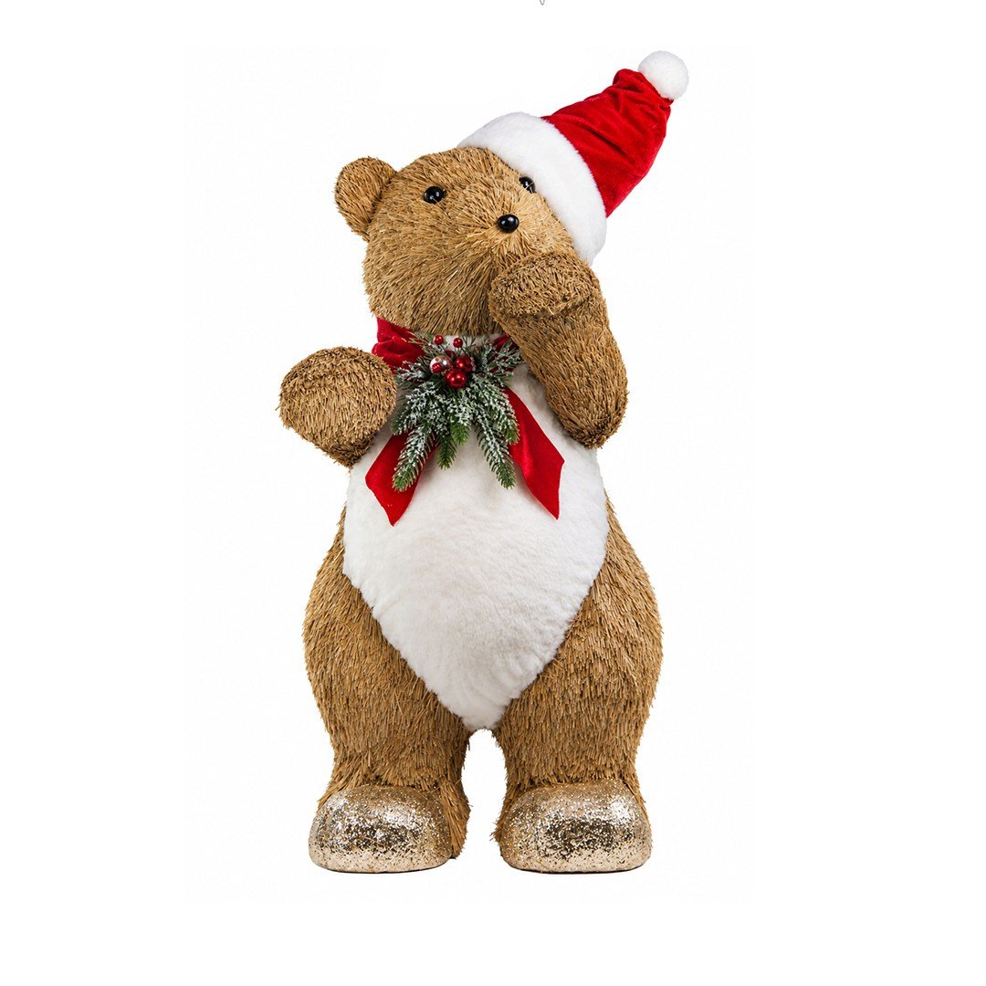Yılbaşı Naturel Hasır Dokulu Kırmızı Şapkalı Ayakta Ayı Figürü 75 cm - Noel Baba ve Figürler