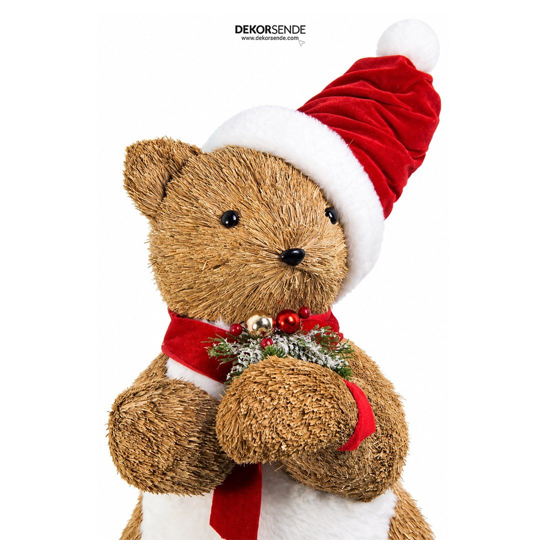 Yılbaşı Naturel Hasır Dokulu Kırmızı Şapkalı Ayakta Ayı Figürü 55 cm - Noel Baba ve Figürler