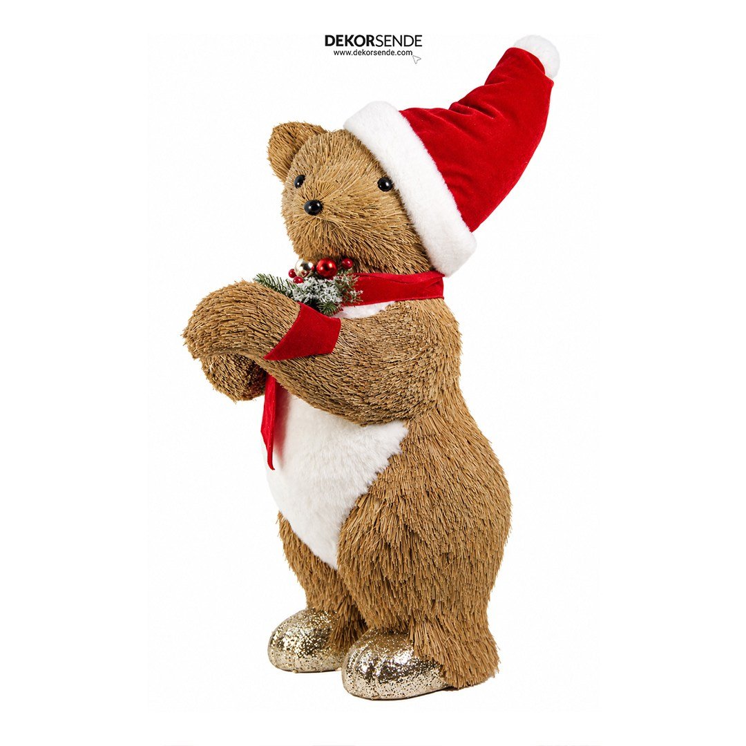 Yılbaşı Naturel Hasır Dokulu Kırmızı Şapkalı Ayakta Ayı Figürü 55 cm - Noel Baba ve Figürler