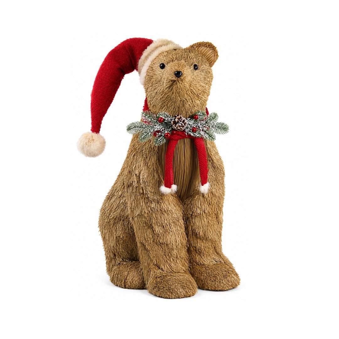 Yılbaşı Naturel Hasır Dokulu Kırmızı Şapkalı Oturan Ayı Figürü 70 cm - Noel Baba ve Figürler