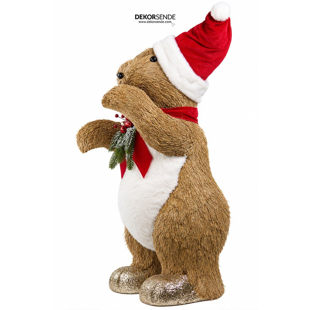 Yılbaşı Naturel Hasır Dokulu Kırmızı Şapkalı Ayakta Ayı Figürü 75 cm - Noel Baba ve Figürler