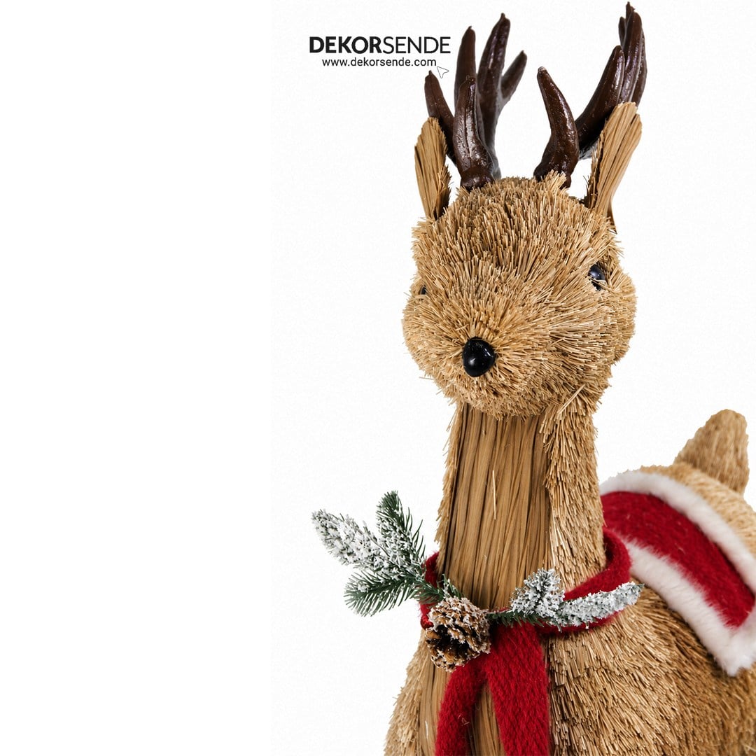 Yılbaşı Naturel Hasır Dokulu Kırmızı Süslü Ayakta Büyük Geyik Figürü 90 cm - Noel Baba ve Figürler