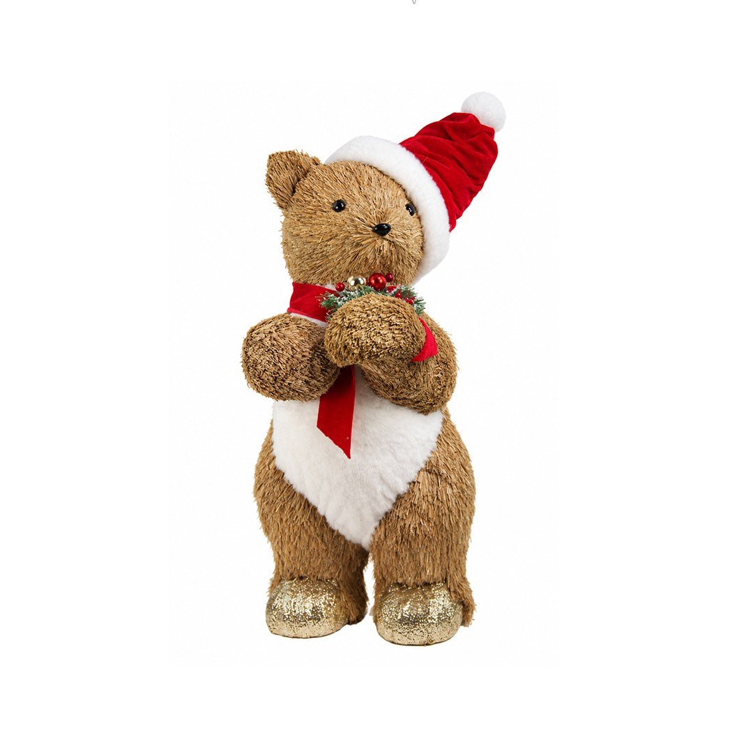 Yılbaşı Naturel Hasır Dokulu Kırmızı Şapkalı Ayakta Ayı Figürü 55 cm - Noel Baba ve Figürler