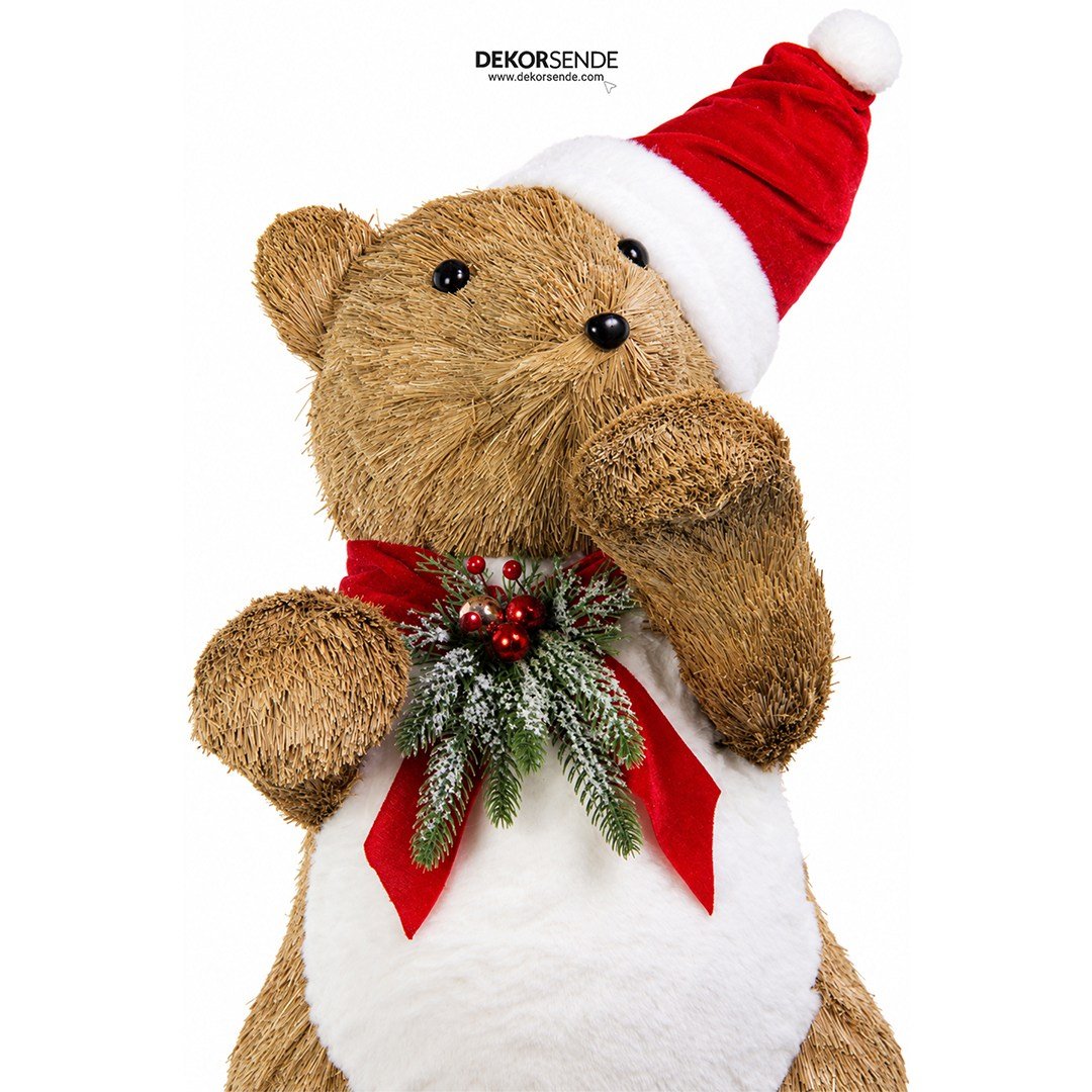 Yılbaşı Naturel Hasır Dokulu Kırmızı Şapkalı Ayakta Ayı Figürü 75 cm - Noel Baba ve Figürler