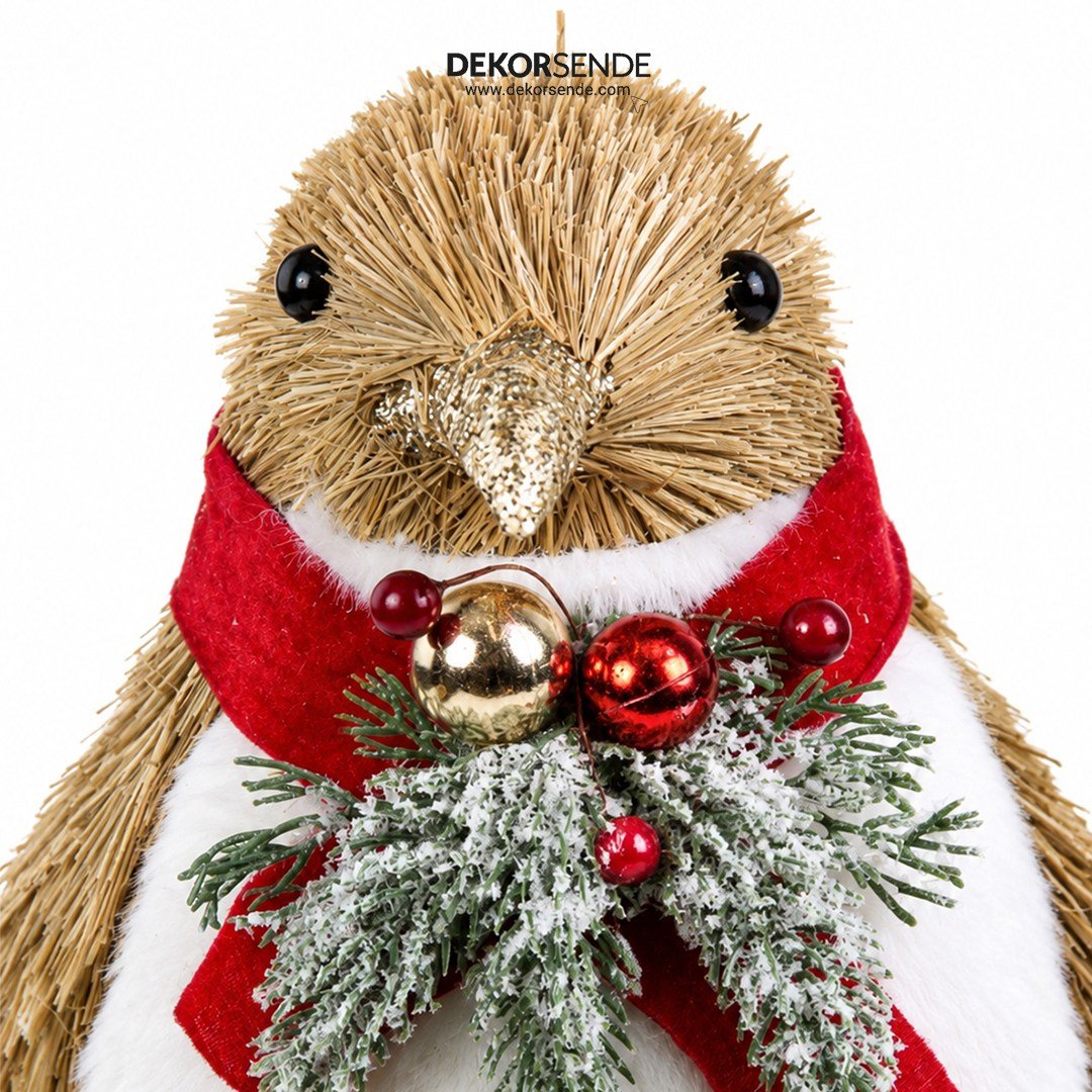 Yılbaşı Naturel Hasır Dokulu Simli ve Atkılı Penguen Figürü 30 cm - Noel Baba ve Figürler