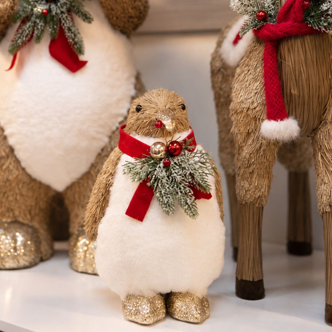 Yılbaşı Naturel Hasır Dokulu Simli ve Atkılı Penguen Figürü 30 cm - Noel Baba ve Figürler