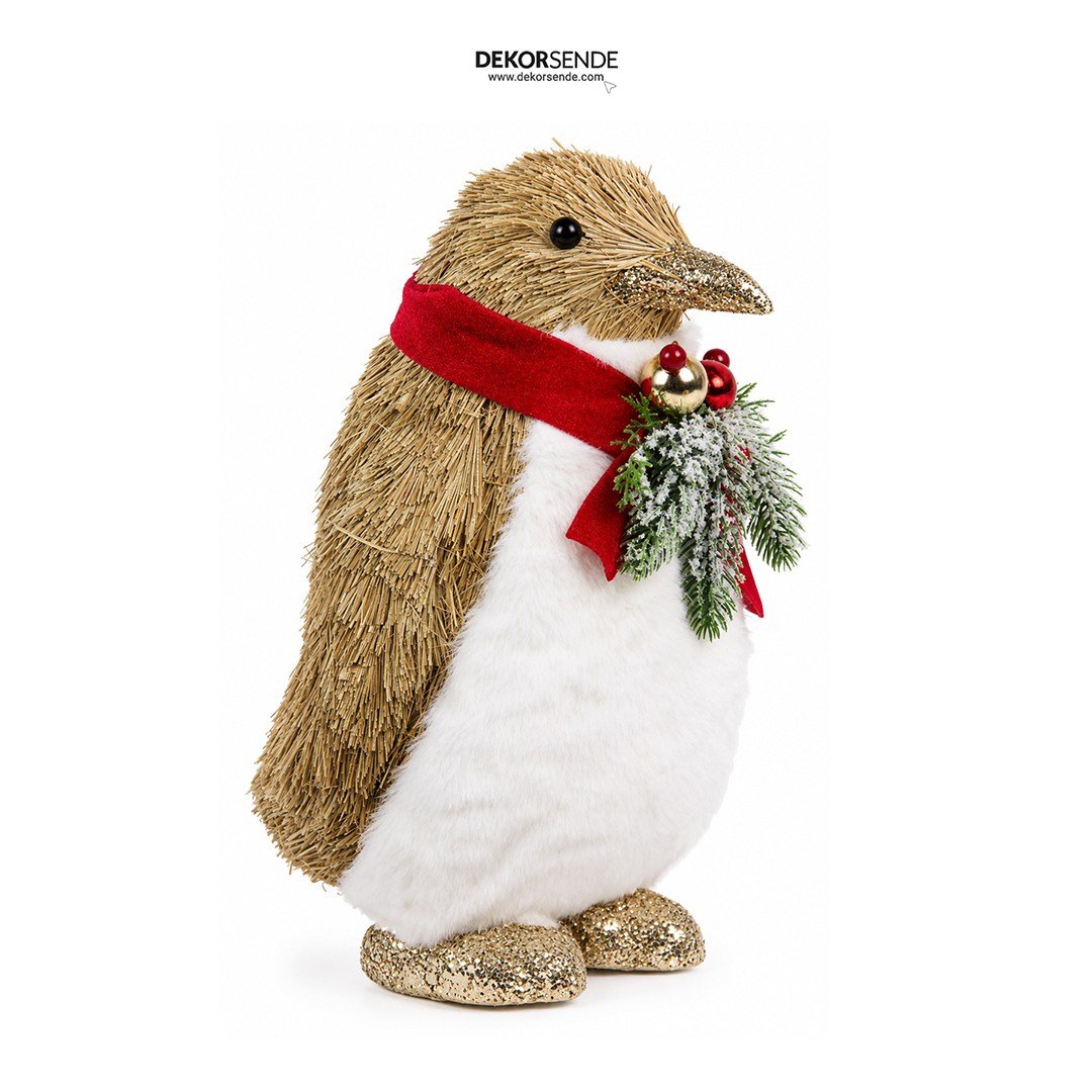 Yılbaşı Naturel Hasır Dokulu Simli ve Atkılı Penguen Figürü 30 cm - Noel Baba ve Figürler