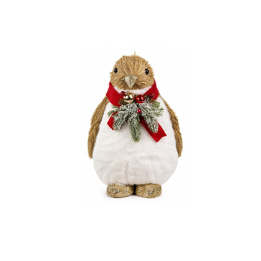 Yılbaşı Naturel Hasır Dokulu Simli ve Atkılı Penguen Figürü 30 cm - Noel Baba ve Figürler
