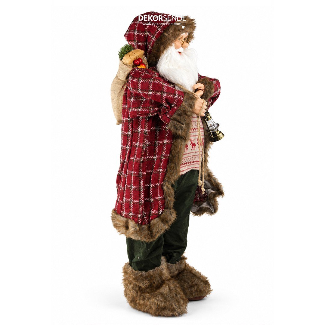 Yılbaşı Noel Baba Ekoseli Kırmızı 90 cm - Noel Baba ve Figürler