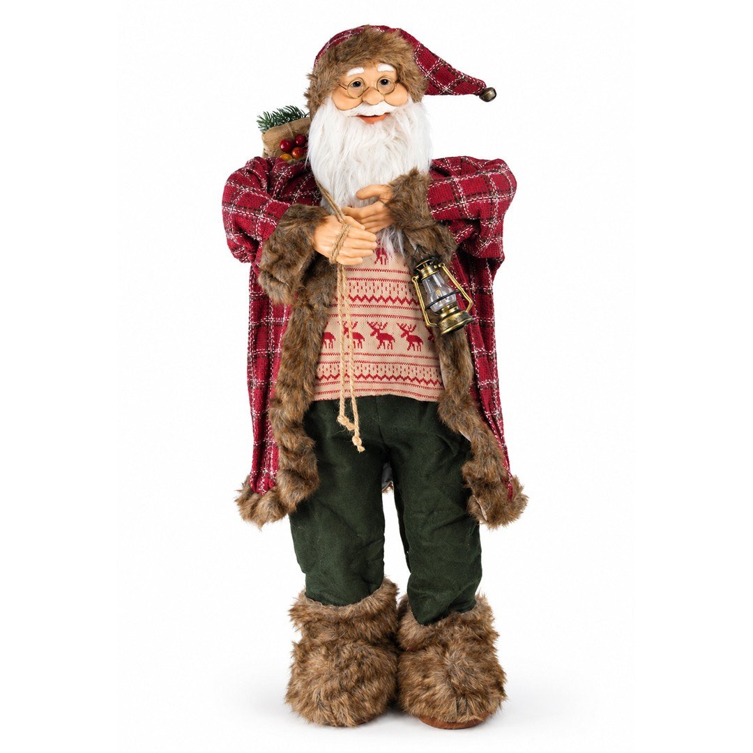 Yılbaşı Noel Baba Ekoseli Kırmızı 90 cm - Noel Baba ve Figürler