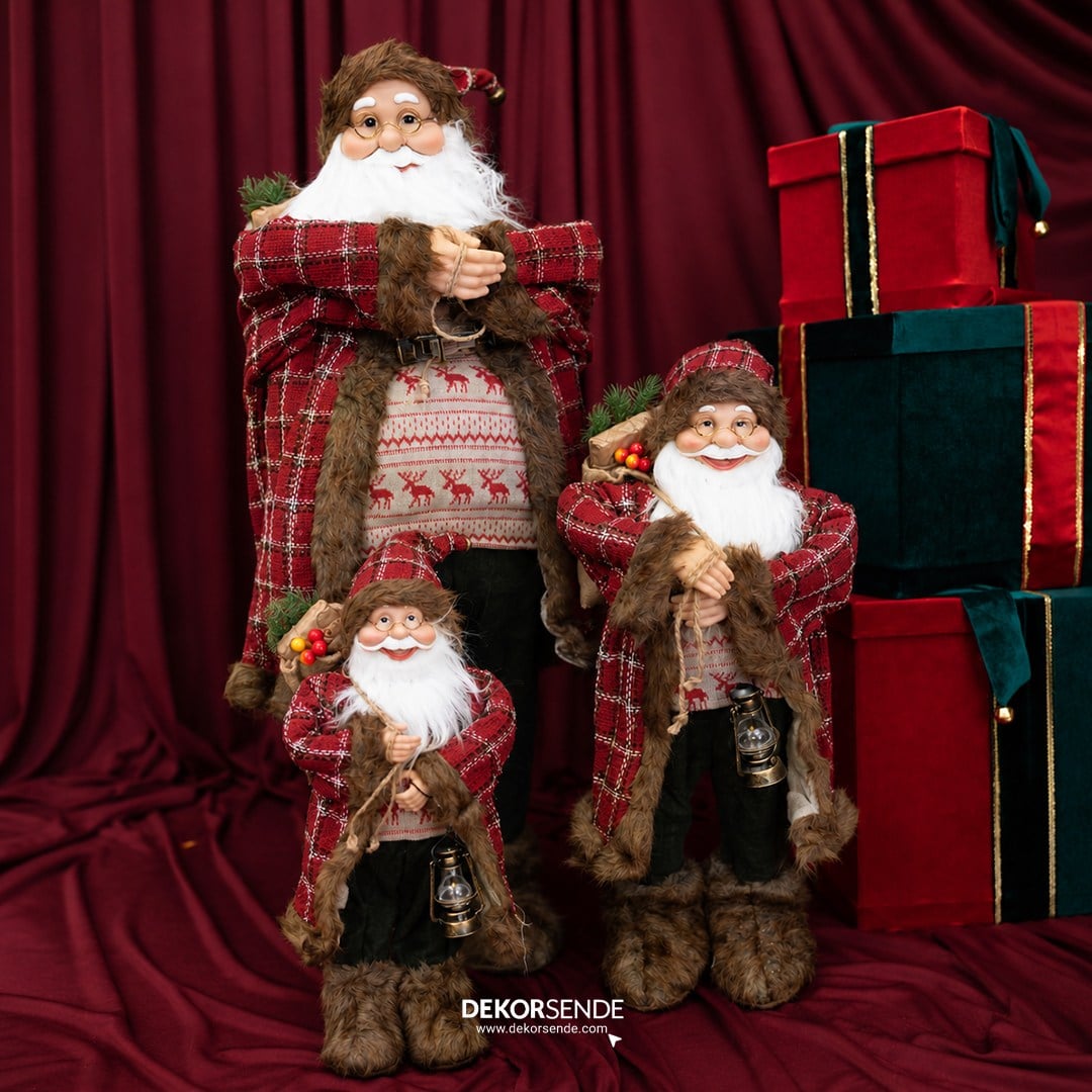 Yılbaşı Noel Baba Ekoseli ve Kürk Detaylı Kırmızı 45 cm - Noel Baba ve Figürler