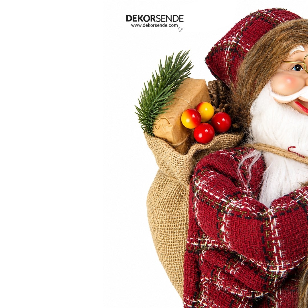 Yılbaşı Noel Baba Ekoseli ve Kürk Detaylı Kırmızı 45 cm - Noel Baba ve Figürler