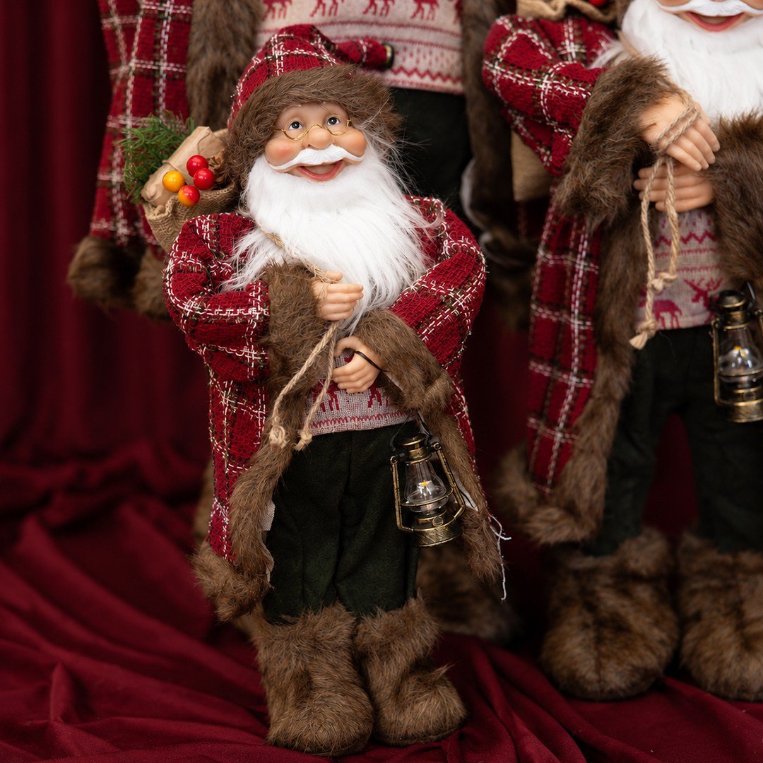 Yılbaşı Noel Baba Ekoseli ve Kürk Detaylı Kırmızı 45 cm - Noel Baba ve Figürler