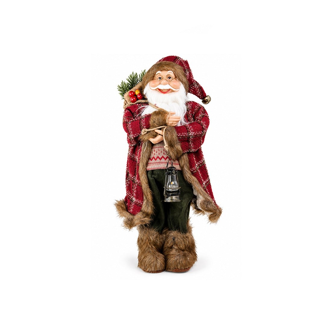 Yılbaşı Noel Baba Ekoseli ve Kürk Detaylı Kırmızı 45 cm - Noel Baba ve Figürler