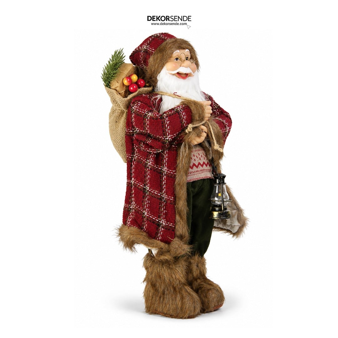 Yılbaşı Noel Baba Ekoseli ve Kürk Detaylı Kırmızı 45 cm - Noel Baba ve Figürler
