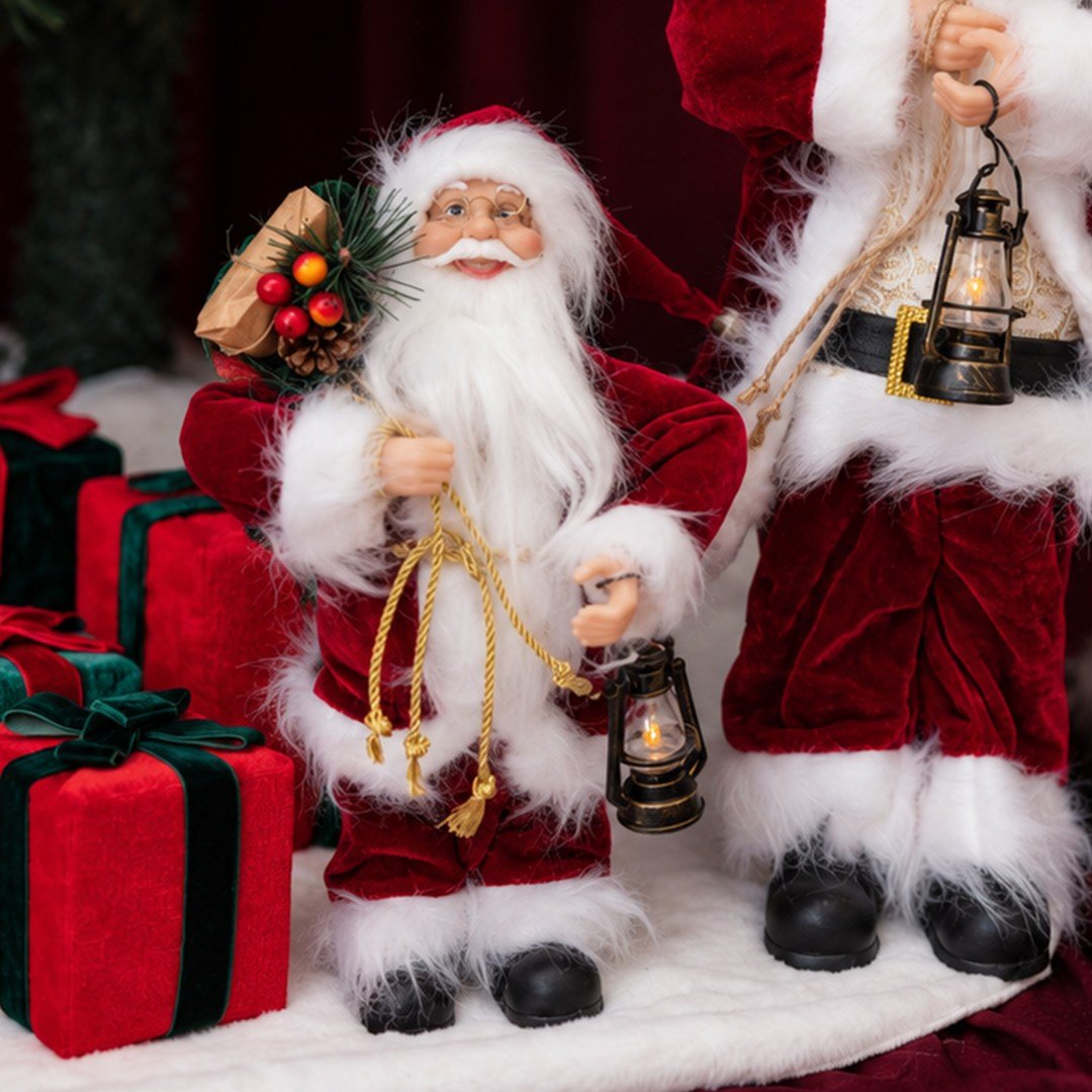 Yılbaşı Noel Baba Fenerli Kadife Kırmızı 30 cm - Noel Baba ve Figürler