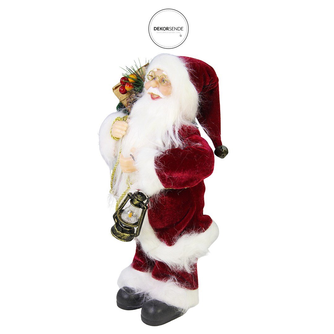 Yılbaşı Noel Baba Fenerli Kadife Kırmızı 30 cm - Noel Baba ve Figürler