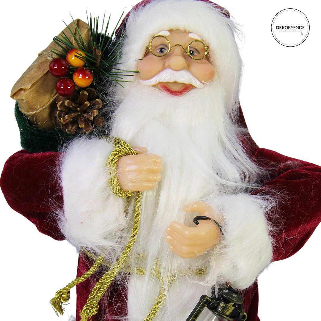 Yılbaşı Noel Baba Fenerli Kadife Kırmızı 30 cm - Noel Baba ve Figürler