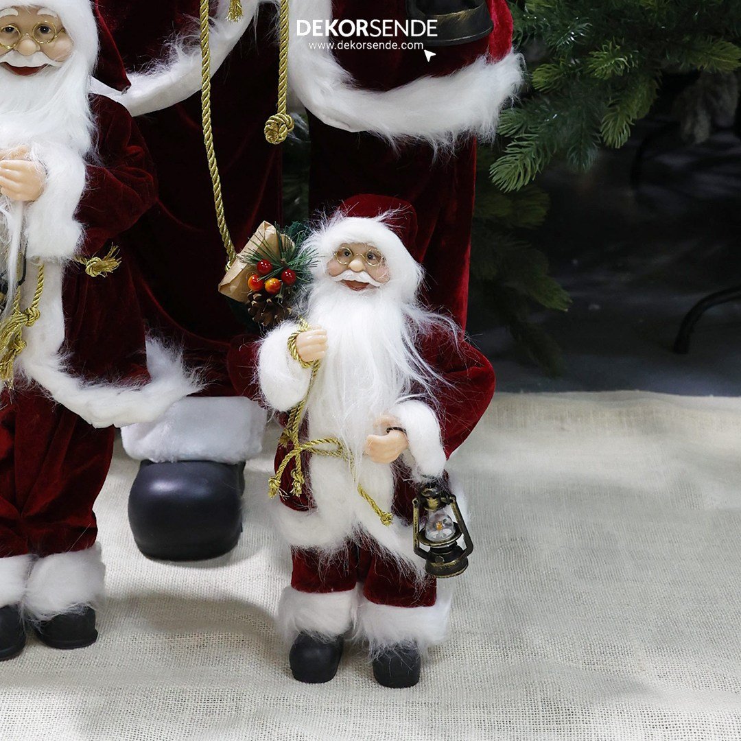 Yılbaşı Noel Baba Fenerli Kadife Kırmızı 30 cm - Noel Baba ve Figürler