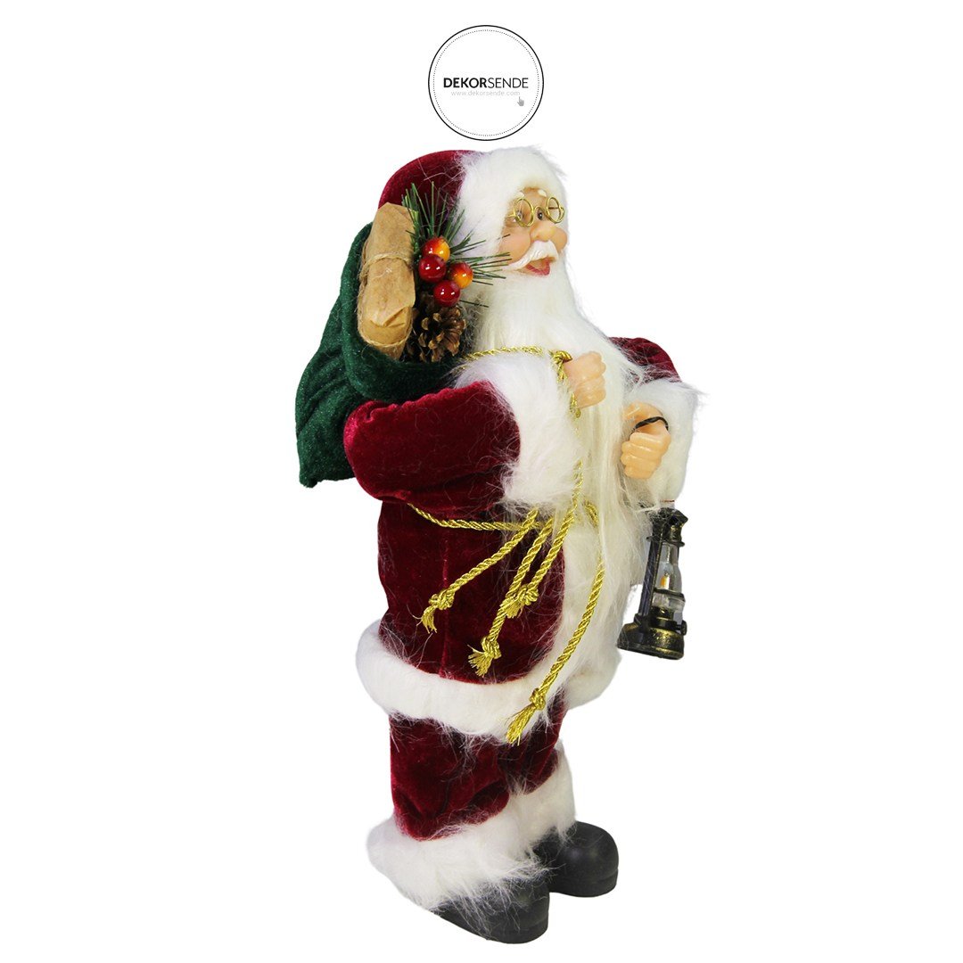 Yılbaşı Noel Baba Fenerli Kadife Kırmızı 30 cm - Noel Baba ve Figürler