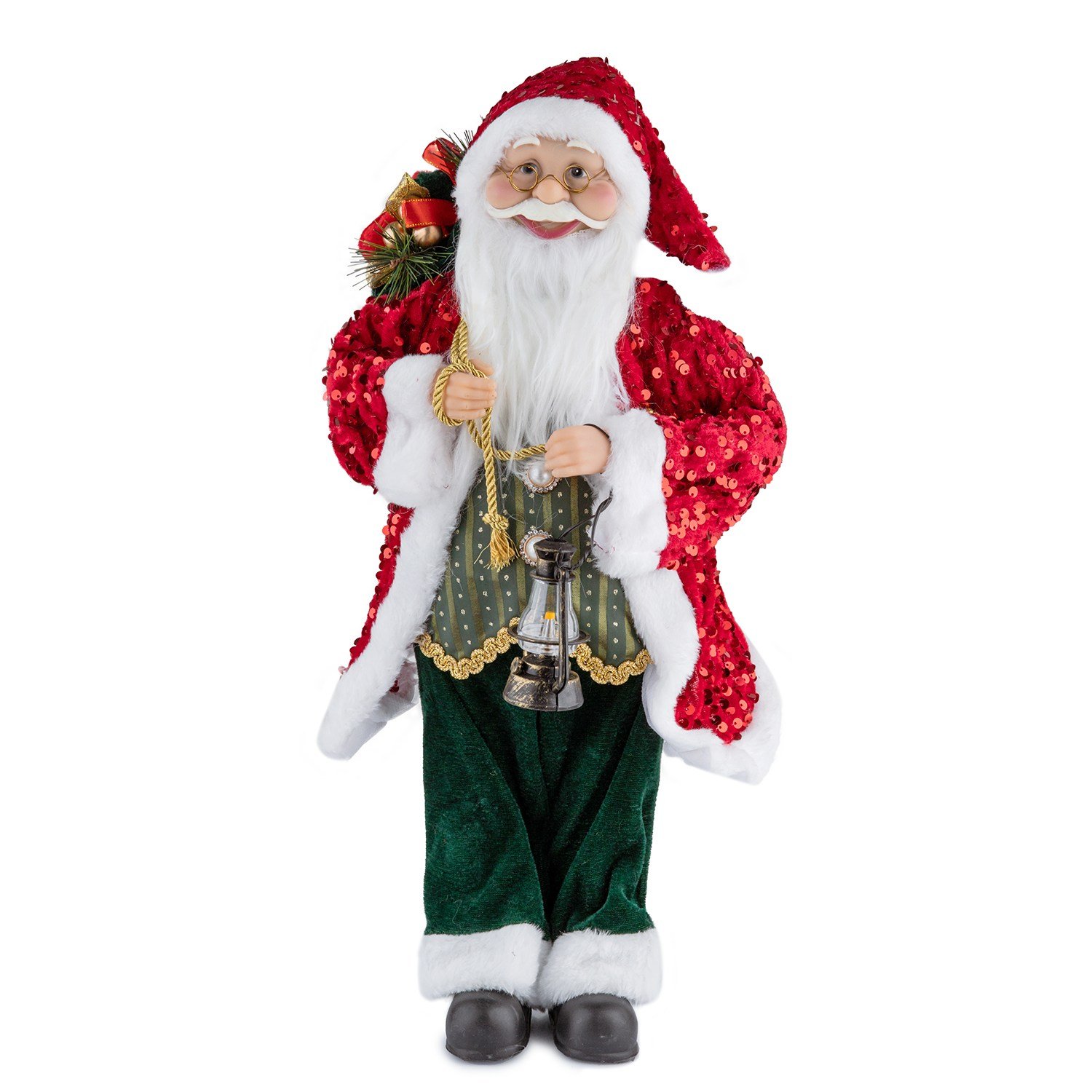 Yılbaşı Noel Baba Payet Ceketli Fenerli Kırmızı 45 cm - Noel Baba ve Figürler