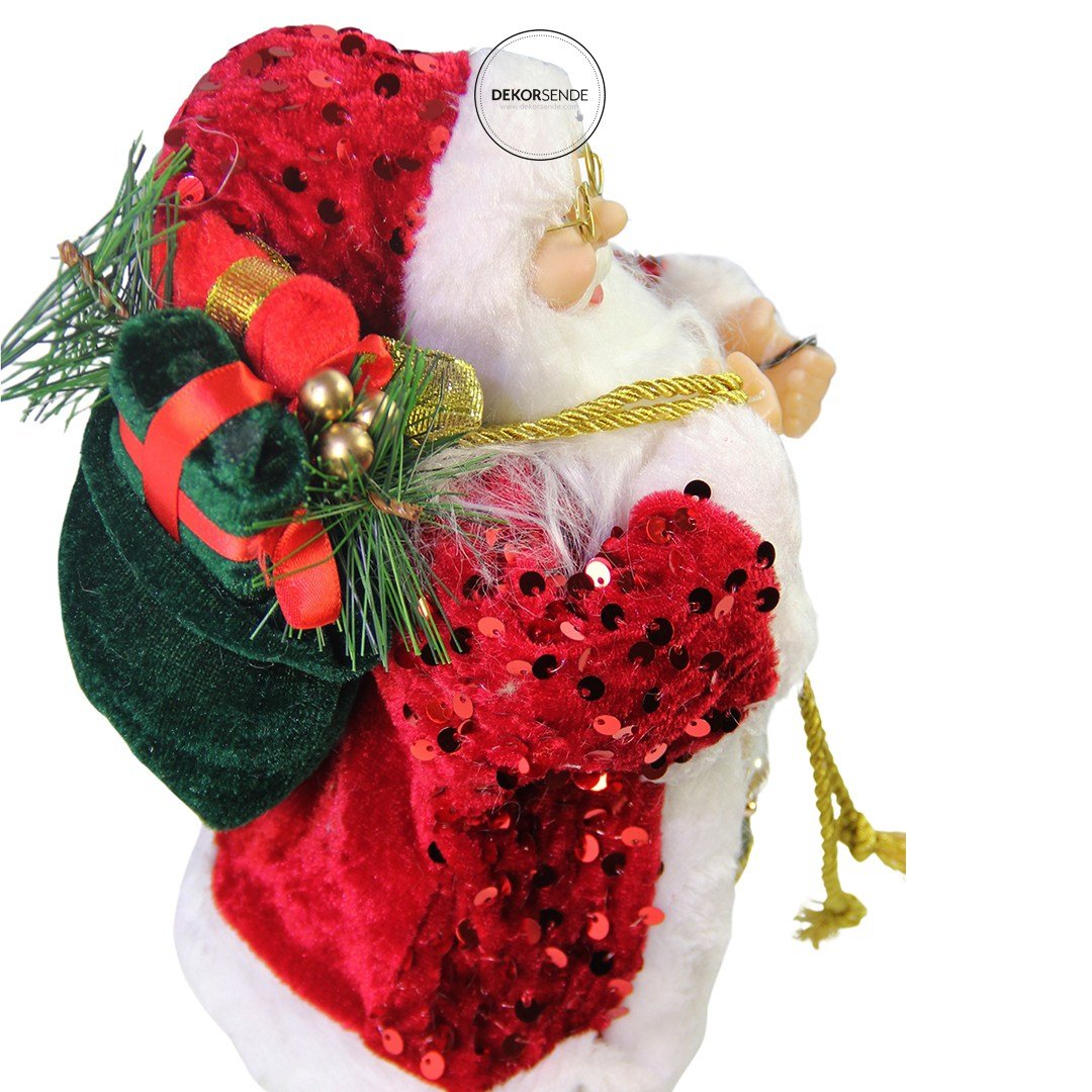 Yılbaşı Noel Baba Payetli Ceketli Fenerli Kırmızı 30 cm - Noel Baba ve Figürler