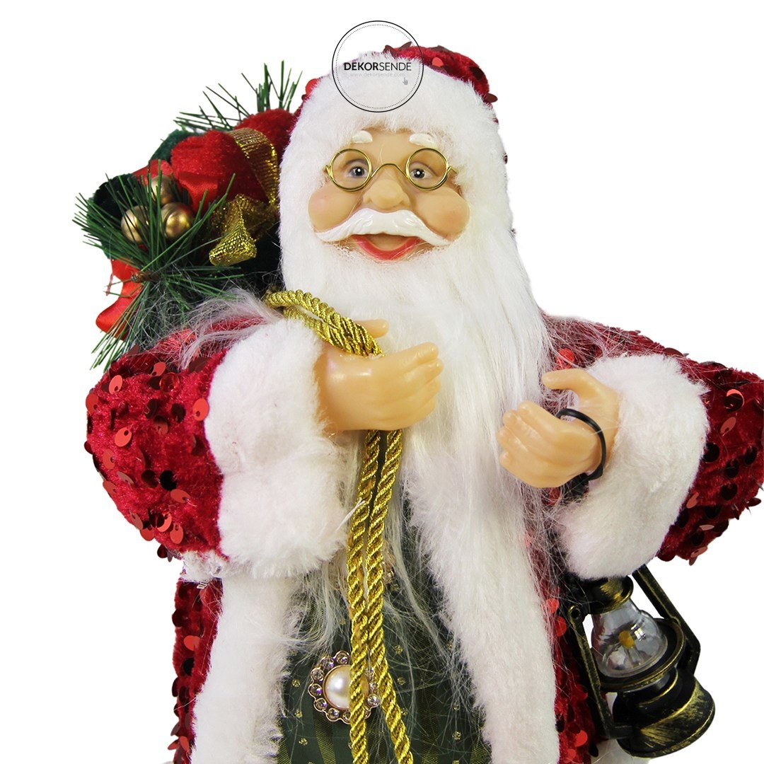Yılbaşı Noel Baba Payetli Ceketli Fenerli Kırmızı 30 cm - Noel Baba ve Figürler