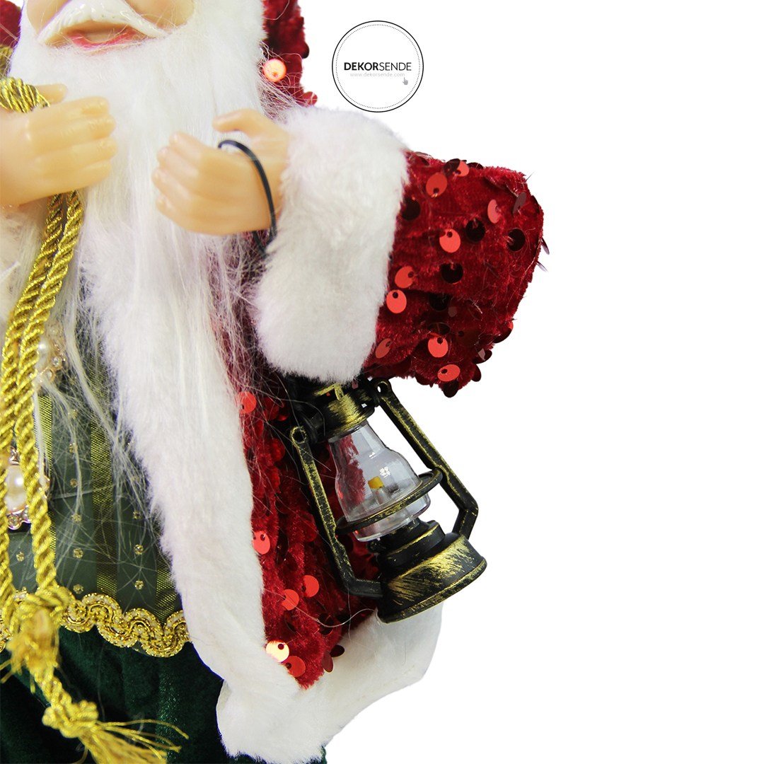 Yılbaşı Noel Baba Payetli Ceketli Fenerli Kırmızı 30 cm - Noel Baba ve Figürler