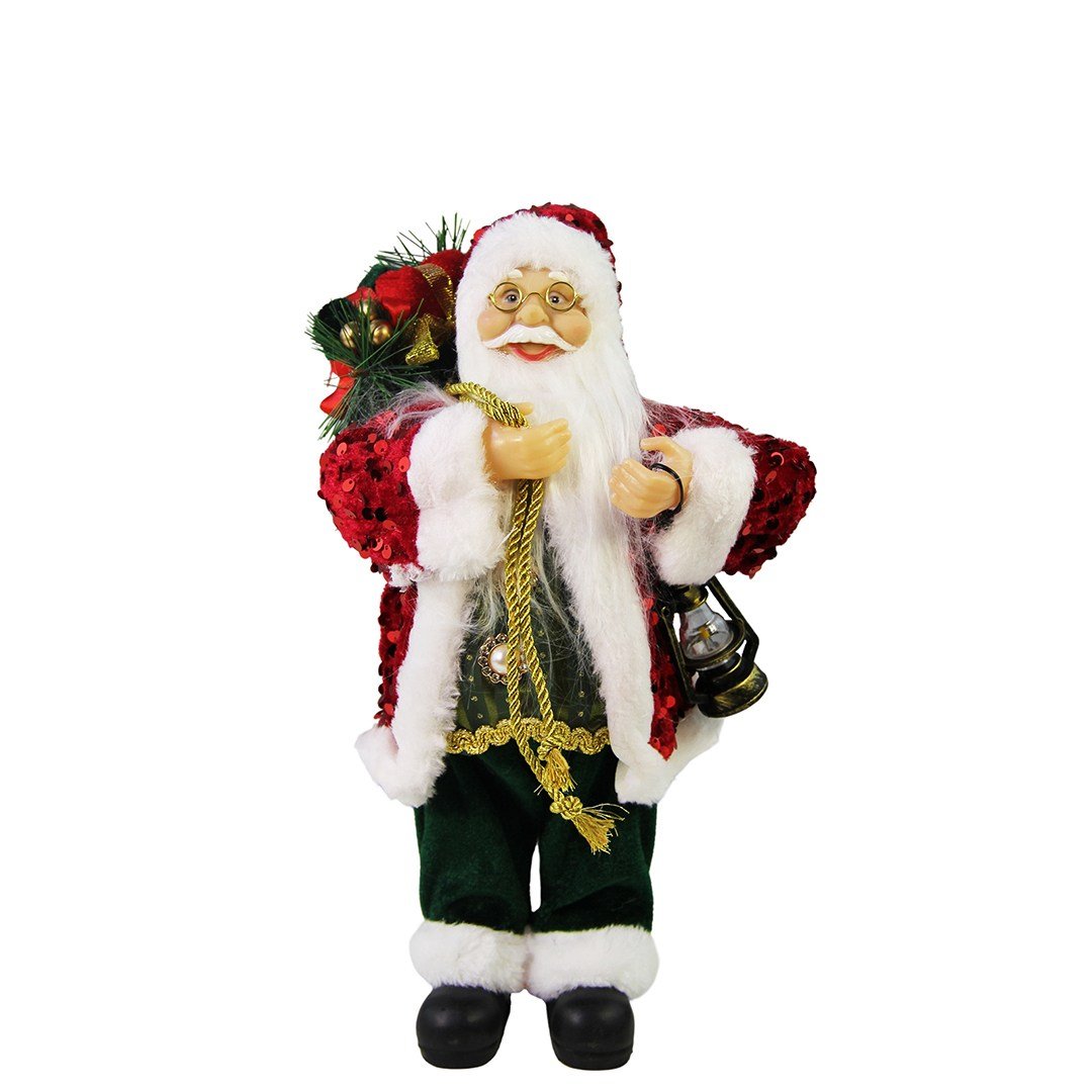 Yılbaşı Noel Baba Payetli Ceketli Fenerli Kırmızı 30 cm - Noel Baba ve Figürler