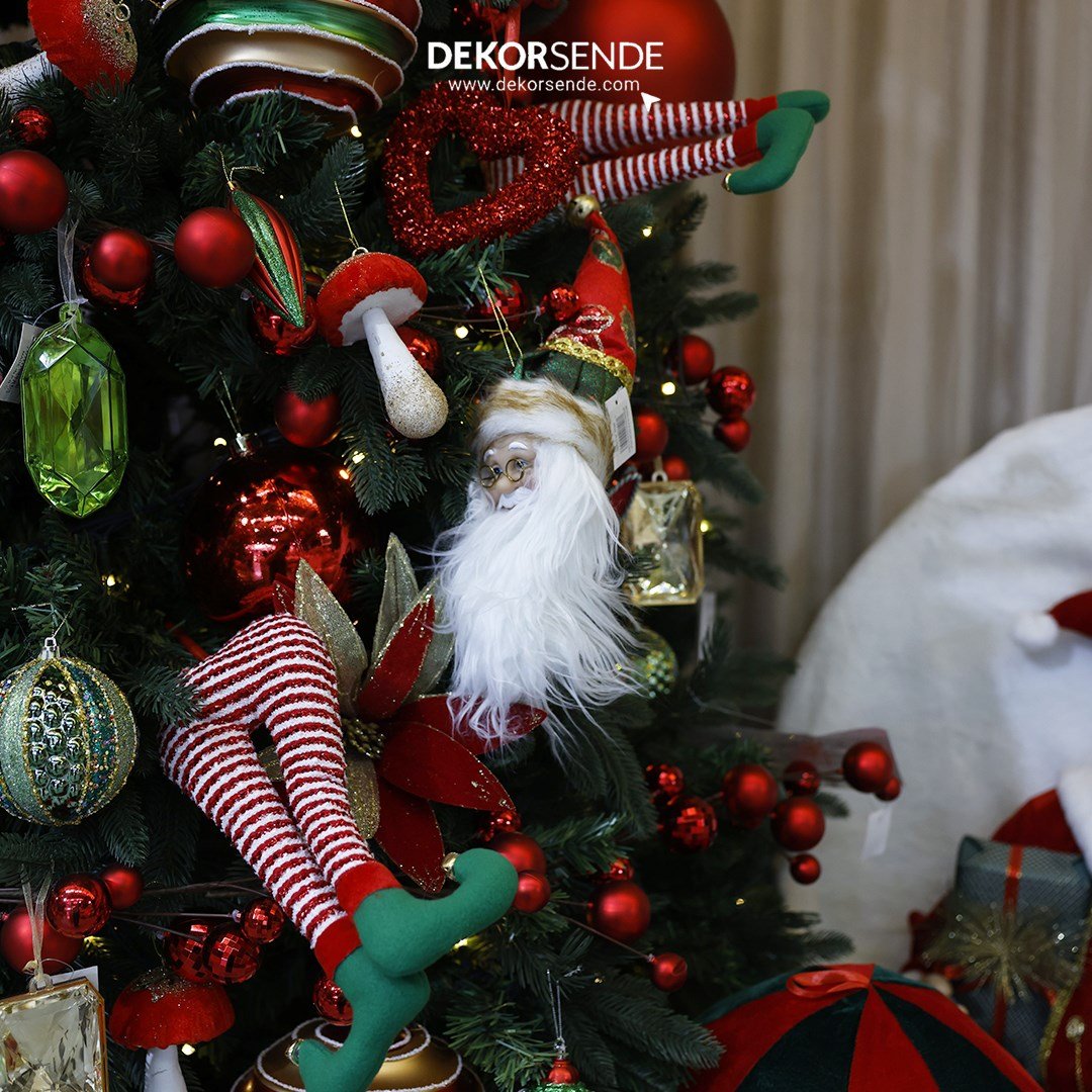 Yılbaşı Süs İşlemeli Şapka Noel Baba Kafası Yeşil Kırmızı 45 cm - Kapı Süsleri