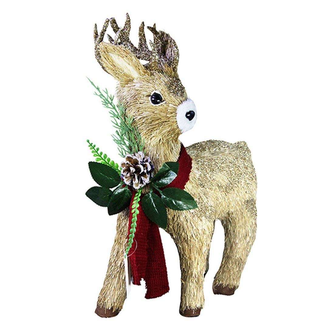 Yılbaşı Süs Kırmızı Atkılı Gold Boynuzlu Geyik 42 cm - Noel Baba ve Figürler