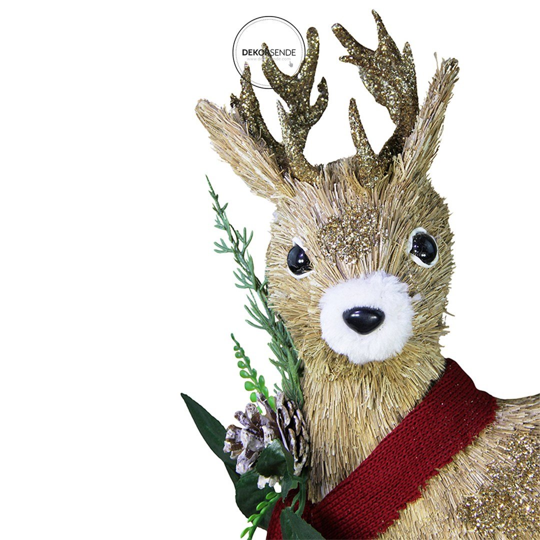 Yılbaşı Süs Kırmızı Atkılı Gold Boynuzlu Geyik 42 cm - Noel Baba ve Figürler