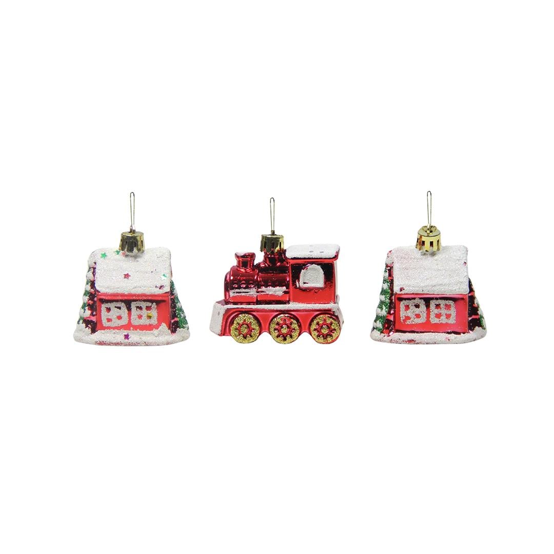 Yılbaşı Süsü 3'lü Tren Ev Kırmızı 6 cm - Ağaç Süsleri