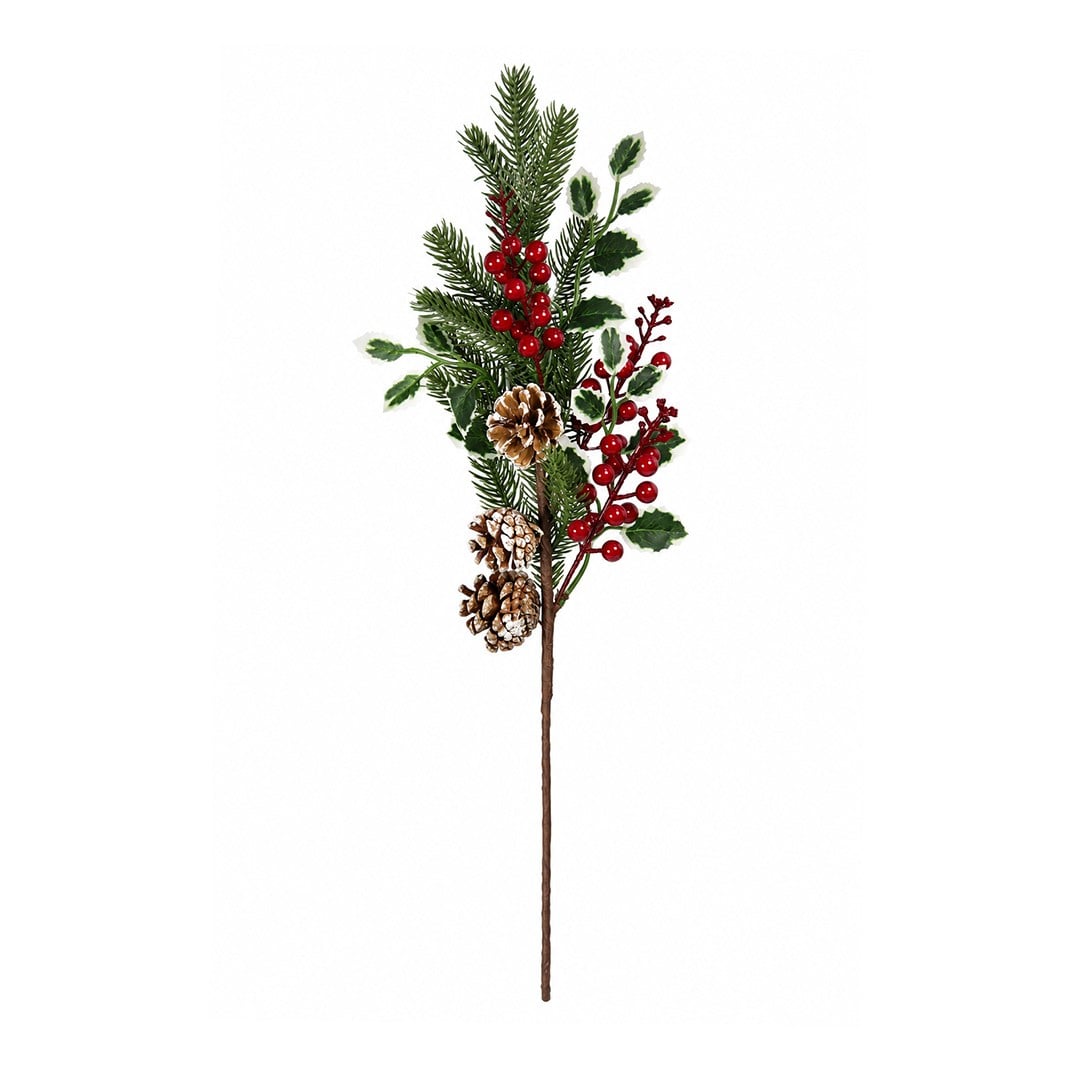 Yılbaşı Süsü Alacalı Yapraklı Kozalaklı ve Kırmızı Berry Dal 62 cm - Kategorisiz