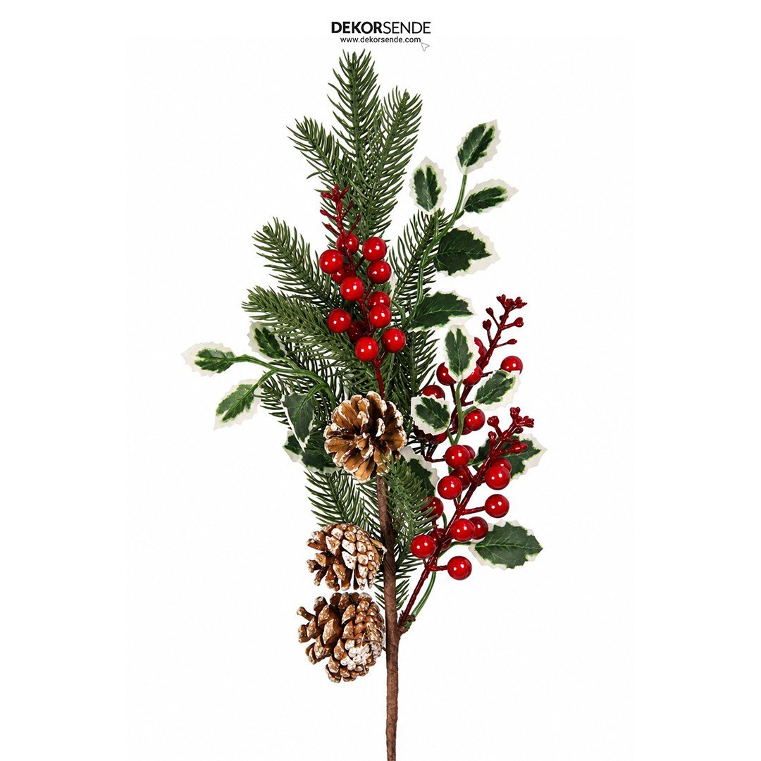 Yılbaşı Süsü Alacalı Yapraklı Kozalaklı ve Kırmızı Berry Dal 62 cm - Kategorisiz