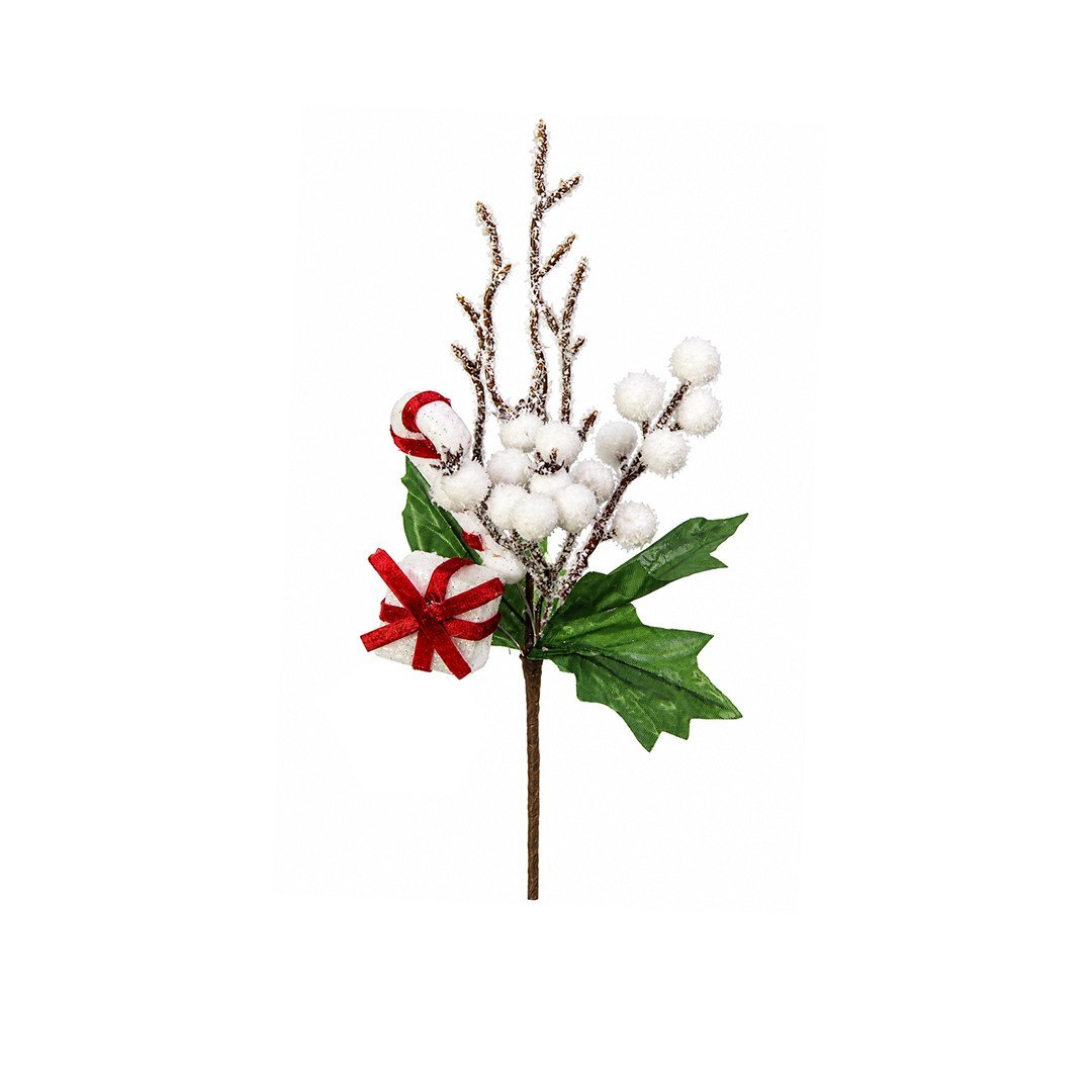 Yılbaşı Süsü Bastonlu, Hediye Paketli ve Karlı Beyaz Berry Pike 25 cm - Yılbaşı Yapay Çiçekleri