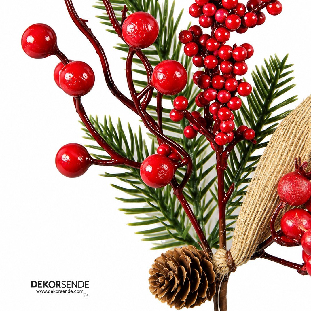 Yılbaşı Süsü Berry, Kozalak ve Jüt Kurdeleli Pike Kırmızı 33 cm - Kategorisiz